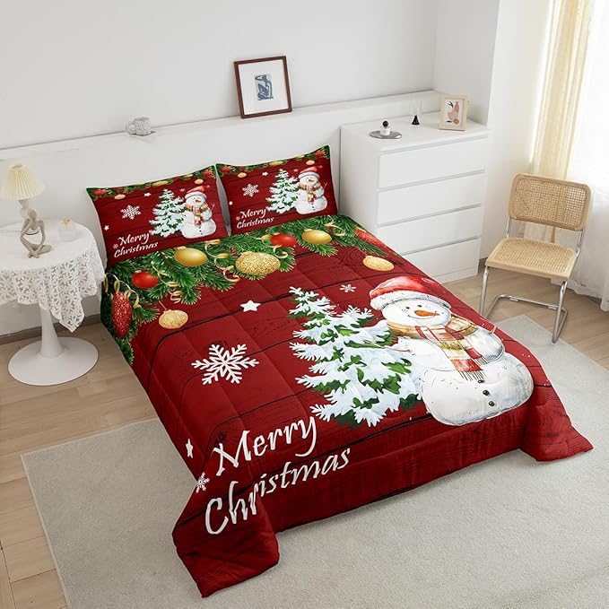 Manfei Christmas Comforter Set King Size, Cute Snowman Tree Print Quilt Set with 2 Pillowcases, New Year Theme Rustic Style Xmas Bedding Set 3pcs for Kids Boys Girls Bedroom Decor