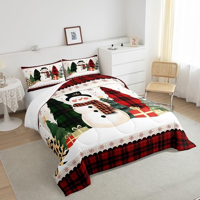 Manfei Snowman Comforter Set King Size, Xmas Leopard Plaid Trees Snowflake Down Comforter with 2 Pillowcases, Christmas Theme Bedding Set 3pcs for Kids Girl Bedroom Decor New Year Duvet Insert