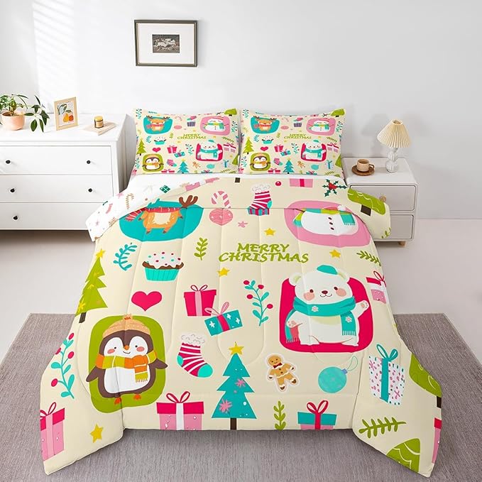 Erosebridal Merry Xmas Comforter Set Queen Size Christmas Tree Quilt for Kids Boys Girls Cartoon Penguin Bear Bedding Set Cute Deer Elk Duvet Insert with 2 Pillow Cases