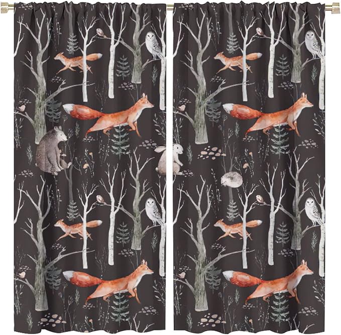 Rustic Forest Curtain, Woodland Country Hunting Animal Deer Fox Wildlife Bear Farmhouse Lodge Cabin Blackout Rod Pocket Windows Door Curtain for Bedroom Living Room Home Decor 63x63in