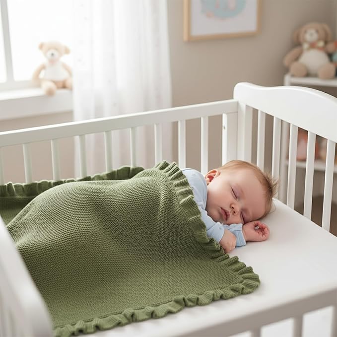 Cotton Baby Blanket with Ruffle Edge Soft Breathable Newborn Blanket for Boys & Girls, Lightweight Knit Throw for Crib, Stroller & Nursery Multiple Colors Available Sage Green 28x36
