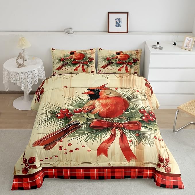 jejeloiu Kids Red Cardinal Comforter Set King Size Christmas Red Black Plaid Bow Bedding Set for Boys Girls Teens Xmas Birds Animal Winter Wood Plank Duvet Quilt Room Decor