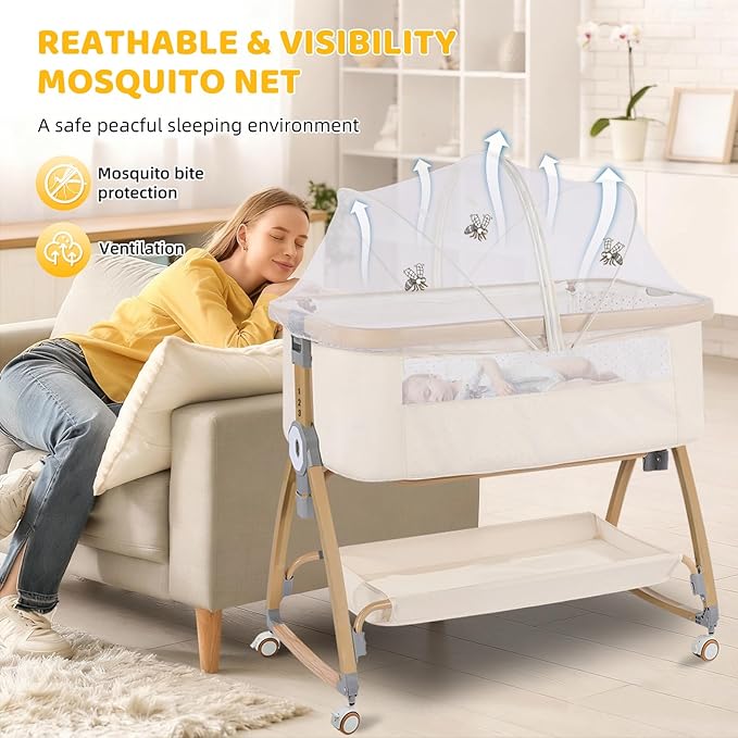 Bassinet Bedside Sleeper,Bedside Bassinet,Rocking Bassinet,3 in 1 Baby Bassinet with Mattress,Mobile,Mosquito Net,Storage Basket,6-Height Adjustable Portable Bassinet with Wheels for Newborn(Beige)