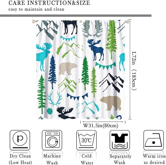 Forest Woodland Curtains, Wild Nature Bear Moose Deer Pine Trees Mountain Cabin Lodge Blackout Rod Pocket Windows Door Curtain for Bedroom Living Room Home Decor 63x72in