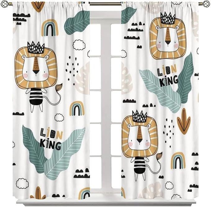 Little Lion King Curtains for Baby Child,Cute Funny Forest Animals,Tropical Jungle Leaves Wildlife Boho Cartoon Rainbow Print Blackout Window Drapes for Nursery Boys Girls Kids Bedroom 42x45 Inch