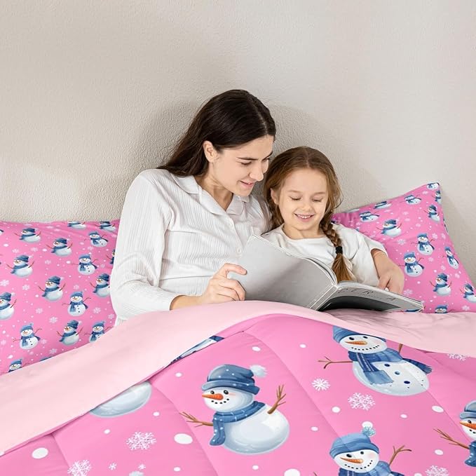 jejeloiu Kids Cute Winter Snowman Comforter Set Full Size Pink Christmas Theme Bedding Set for Boys Girls Teens Xmas Snowflake Happy New Year Duvet Quilt Room Decor
