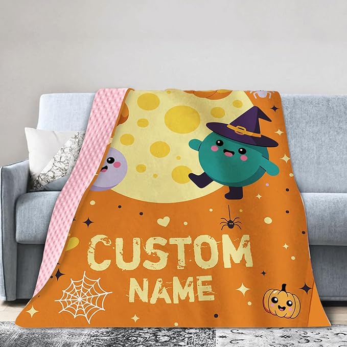 Personalized Halloween Blanket for Baby Boys Girls, Custom Baby Blanket with Name, Pumpkin Pattern Soft Minky Dot Blanket, Halloween Decor Christmas Birthday Gifts for Kids Toddlers