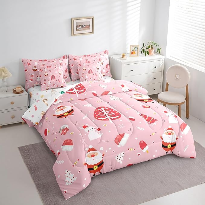 Feelyou Santa Claus Bed in a Bag Cute Rabbit Kawaii Pink Comforter Set with Sheets for Kids Boys Girls Decor Merry Christmas Bed Set Girly Pink Bedding Set Bedroom Collection Twin Size