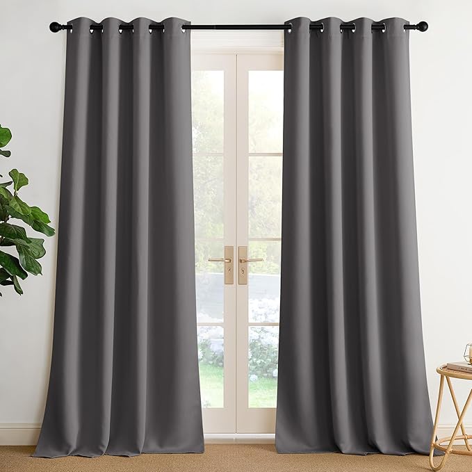 NICETOWN Blackout Curtains 96 inches Long for Living Room, Room Darkening Curtains Grey 2 Panels, 3 Pass Microfiber Noise Reducing Thermal Insulated Solid Ring Top Blackout Window Drapes