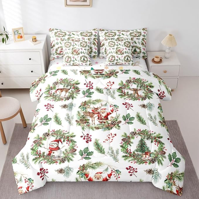 Erosebridal Kids Xmas Santa Claus Bedding Set King Xmas Elk Deer Comforter Set 7 Piece Woodland Pine Berry Bed in A Bag for Adults Green Christmas Decoration Quilt with Flat Fitted Sheet