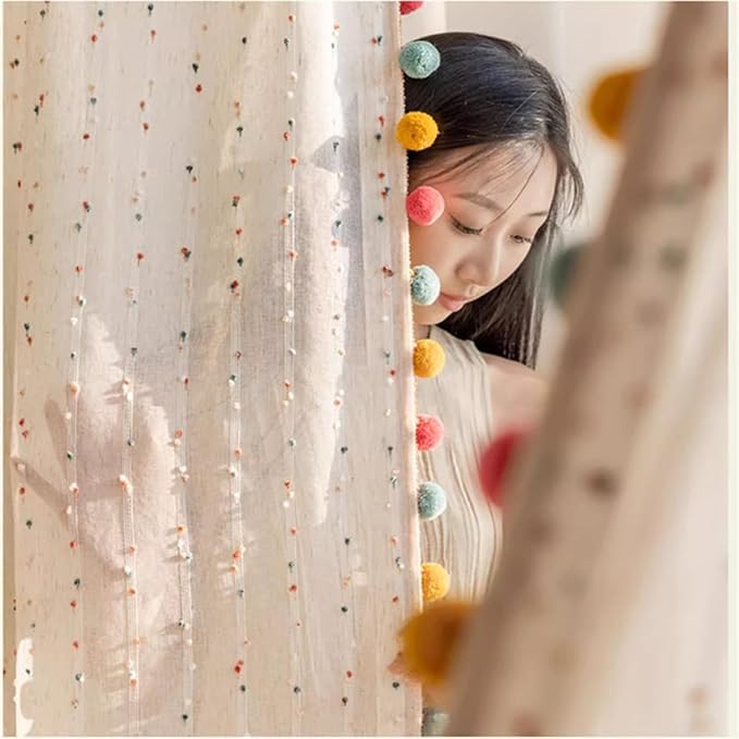 Boho Rainbow Sheer Curtain with Colorful Pom Pom Voile Drapes Light Filtering Faux Linen Stripe Pompom Rod Pocket Window Drapes for Boys/Girls Bedroom/Nursery 2 Panels (W42 X L63 Inch-2PCS,White)