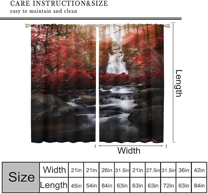 Nature Waterfall Blackout Curtains, Autumn Waterfall Romantic Forest Landscape Print Rod Pocket Window Drapes, for Bedroom Living Room 42" W X 63" L
