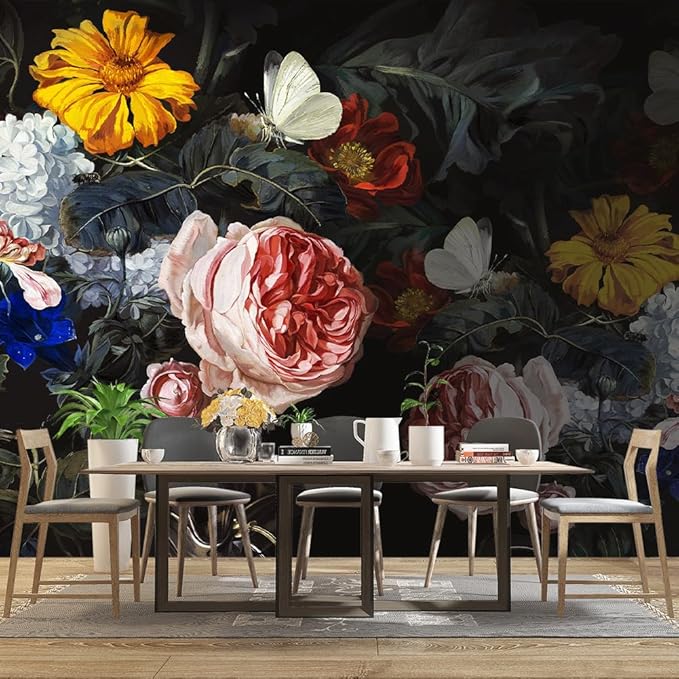 Vintage Black Flowers Mural Bedroom Peony Floral Wallpaper Room Decor Living Room tv Background Large Wall Mural - 137"x96" (Not Peel and Stick)