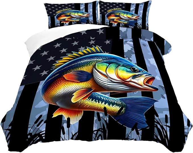 Bass Fish Comforter Set Full/Queen Size American Flag Bedding Set for Men Boys Teens Grey Fishing Lover Bedroom Camouflage Farmhouse Bed Set Wild Quilted, 1 Comforter 2 Pillowcases