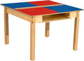 Contender Time-2-Play 35" Square Plywood Red & Blue Lego Compatible Blocks Play Table, Solid Wood Square Table with Trough and Shelf for Playroom with 20" Long Legs in Natural Color, UV Finish