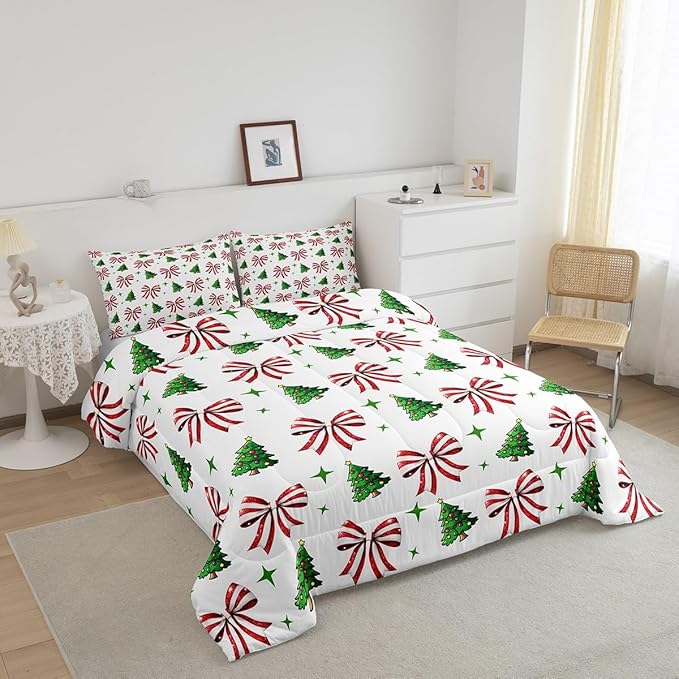 Manfei Merry Christmas Comforter Set Full Size, Red Bow Green Tree Bedding Set 3pcs, New Year Theme Down Comforter for All Season, Kids Girls Room Decor, Lightweight Duvet Insert, 2 Pillowcases