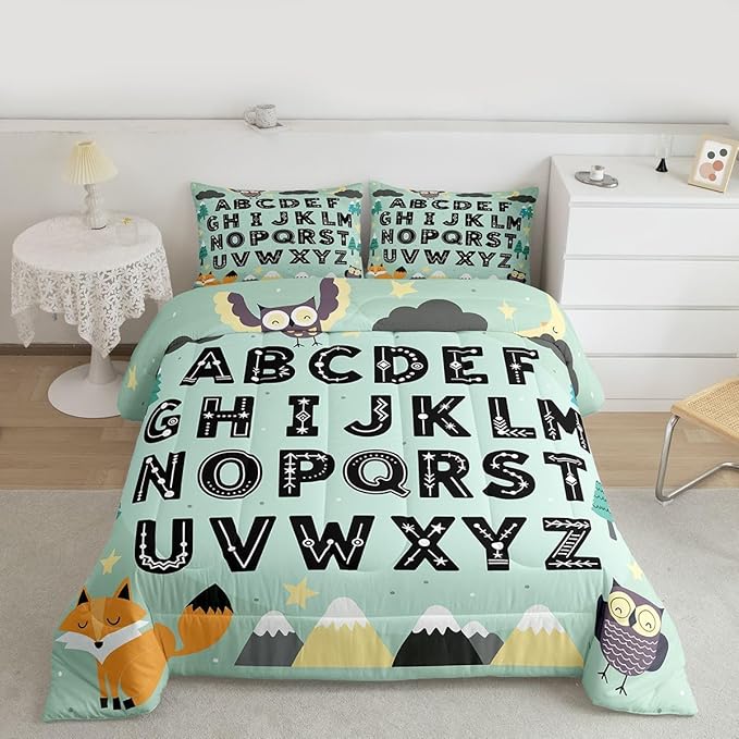 Feelyou Alphabet Kids ABC Learning Comforter Set All Season Cute Fox Bedding Set with 2 Pillow Cases Educational Nursery Art Kids Queen Bedclothes Woodland Animals Bedroom Decor Duvet Quilt