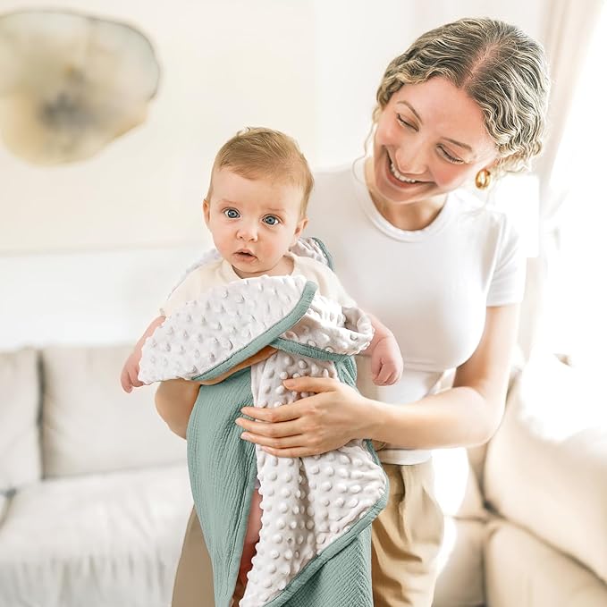 lulumoon Baby Blanket for Newborn Boy: Soft Minky Dotted Backing - Perfect Muslin Stroller Blanket for Travel & Baby Shower 30"x40"（Sage）