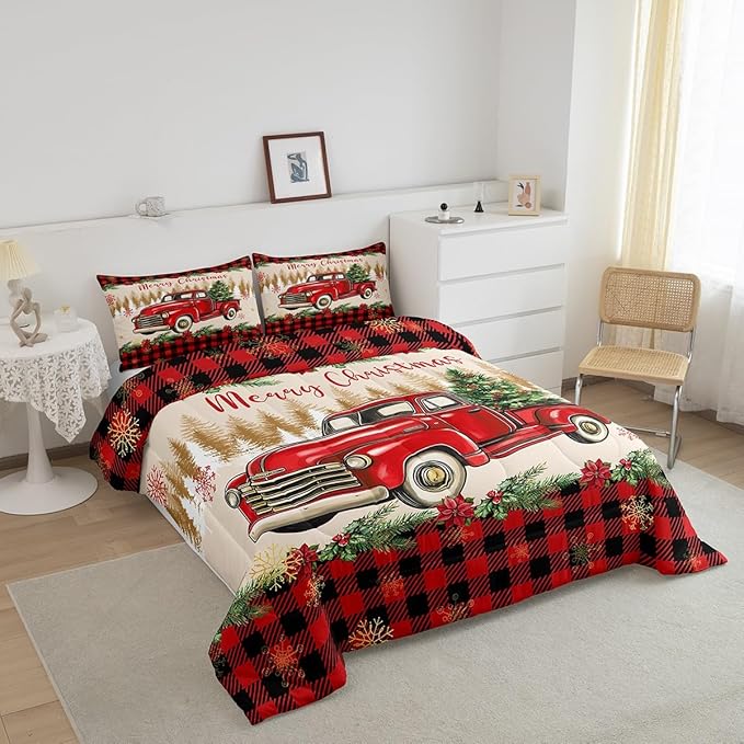 Erosebridal Merry Christmas Full Bedding Set Red Truck Comforter Sets for Kids Boys Girls Teens Room Decor,Xmas Tree Down Comforter Red Black Buffalo Plaid Decor Bed Set Car Printed Themed Quilt Set