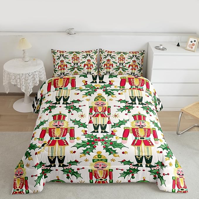 Feelyou Merry Christmas Bedding Set Soft for Boys Girls, Nutcracker Comforter Set Full Size Holly Leaves Duvet Quilt Microfiber Red Berries Bedroom Decor 3 Pcs with 2 Pillow Cases