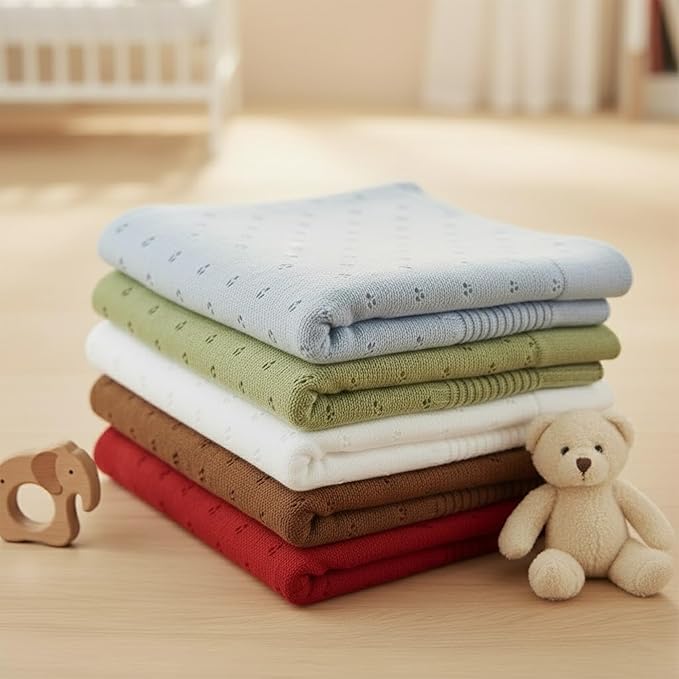 Baby Knit Blanket, 100% Cotton Eyelet Patterns, Soft, Cozy, Lightweight Swaddle for Newborn & Infant Swaddling Beige Neutral, Perfect Baby Shower Ideas Mocha 28x36