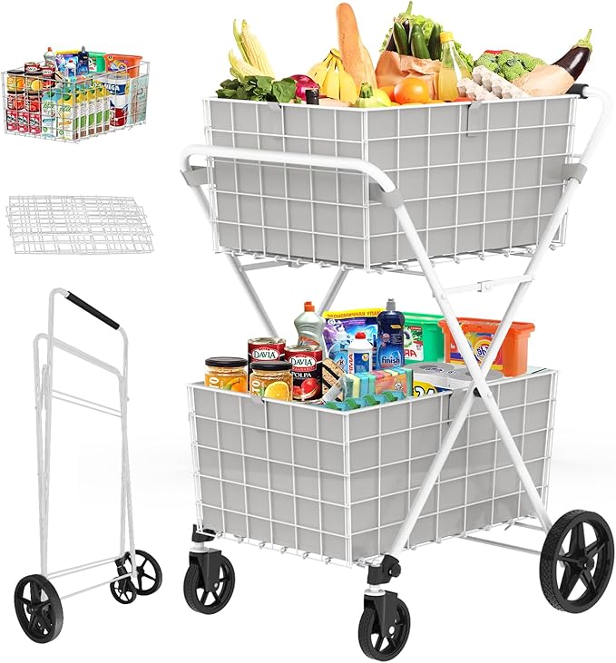 JIALIJIU 2-Tier Shopping Cart for Groceries, Folding Grocery Cart with 360° Rolling Wheels, Heavy Duty Utility Carts with 2 Waterproof Liners, Multi-Functional Trolley for Laundry, Household, White