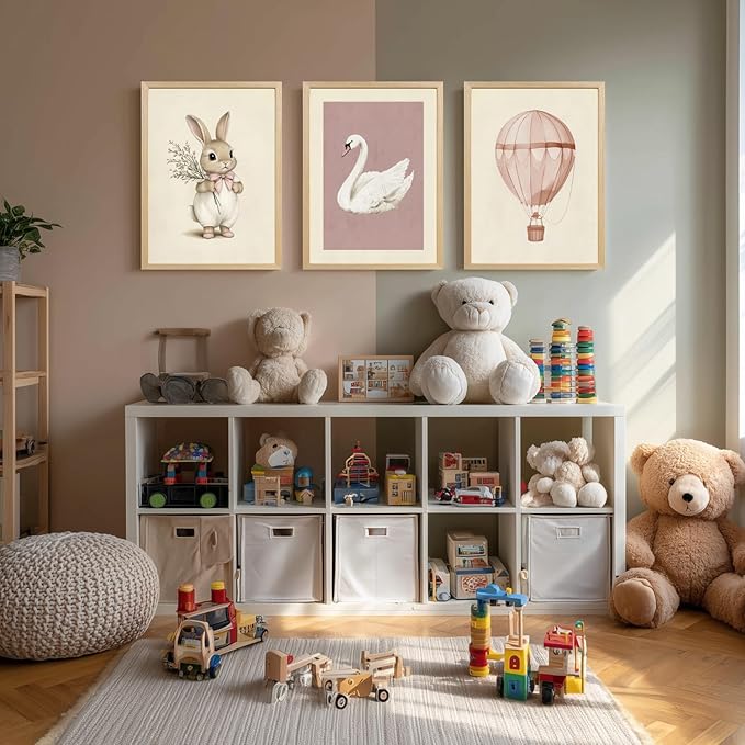 kilamino Pink Baby Girl Nursery Wall Art, Neutral Cute Rabbit and Swan Wall Decor, Vintage Hot Air Balloon Poster Prints, Pastel Bunny Animals Canvas Paintings for Baby Room Wood Framed 16"x24"x3