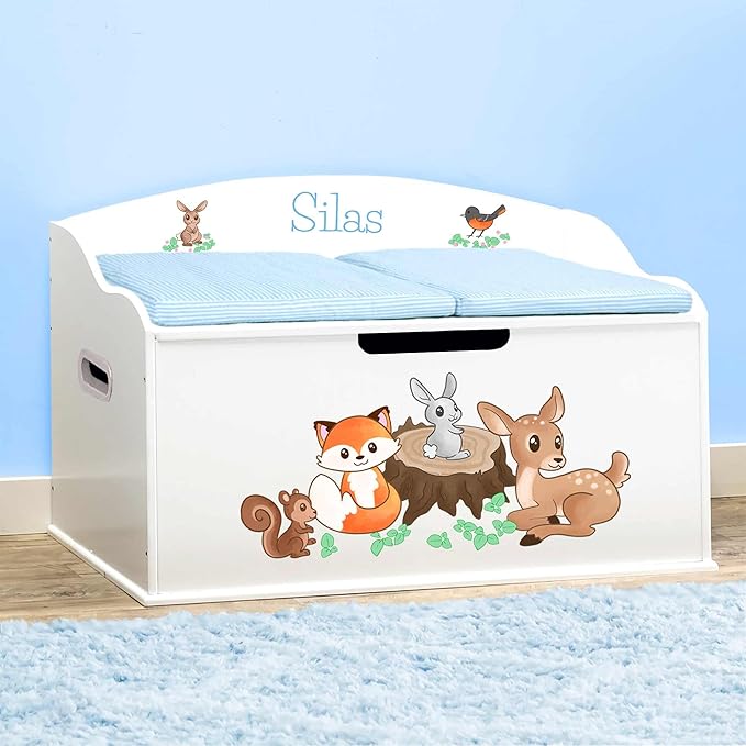DIBSIES Personalized Creative Wonders Toy Box, Woodland Creatures, 30 x 19.25 x 18 inches, Soft-Close Lid (White)