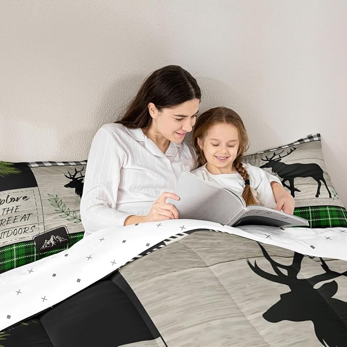 Elk Silhouette Kids Comforter Set Twin Size,Palm Leaves Old Plank Bedding,Girls Boys Adults Bedroom/Xmas Cabin Decor,Camper Explore Down Comforter,Geometric Grids Plaid Duvet Insert,1 Pillowcase