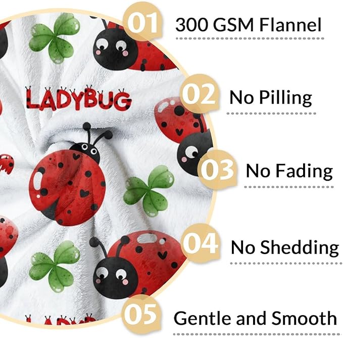 Ladybug Blanket for Girls - 40 x 50 Inches Cute Lady Bug Blanket for Boys - White Fuzzy Warm Decor for Couch, Sofa