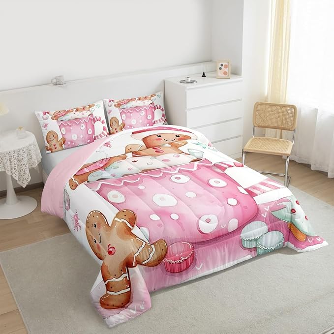 Feelyou Christmas Bedding Set Soft for Boys Girls, Pink Gingerbread Comforter Set Full Size Christmas Decor Duvet Quilt Microfiber Xmas Bedroom Decor 3 Pcs with 2 Pillow Cases