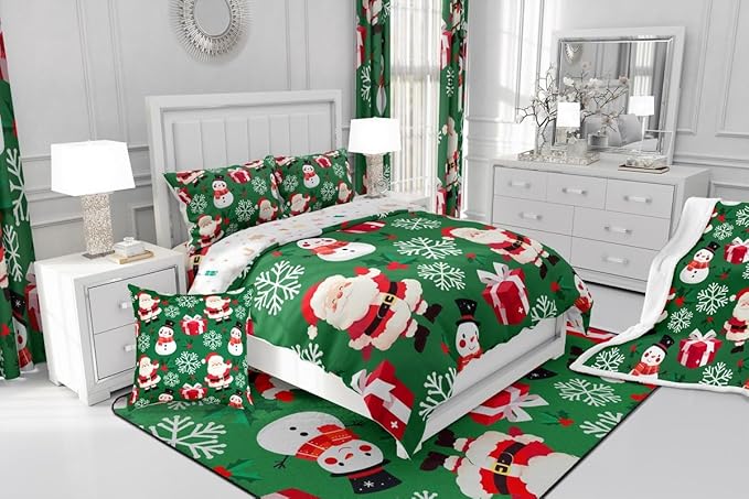 jejeloiu Merry Christmas Comforter Set King Size Xmas Santa Claus Bedding Set for Kids Boys Girls Cute Snowman Duvet Quilt Green Bedroom Decor