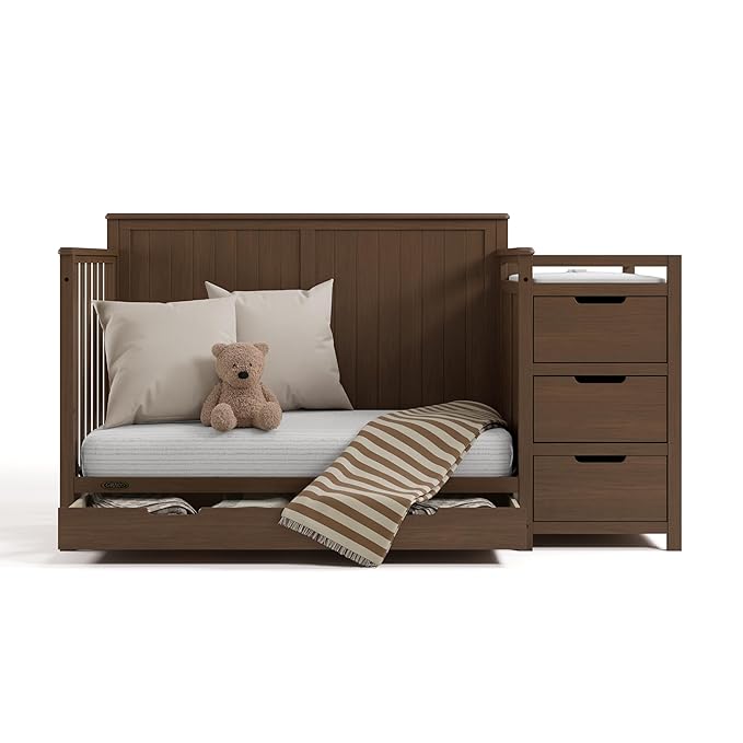 Graco Hadley 5-in-1 Convertible Crib & Changer (Hazelnut) – GREENGUARD Gold Certified, Fits Standard Crib Mattress, Converts to Toddler Bed and Full Bed, 4 Adjustable Mattress Heights