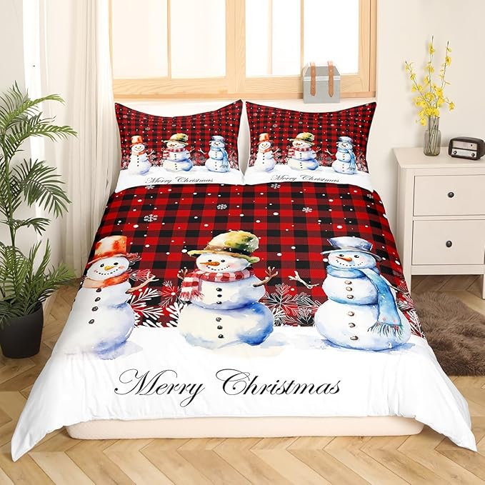 Xmas Snowman Duvet Cover Set Full Size, Christmas Bedding Set 3pcs for Kids Boys Girls Bedroom Decor, Red Black Plaid Print Comforter Cover with 2 Pillowcases,Snowflake Print Quilt Cover,No Comforter