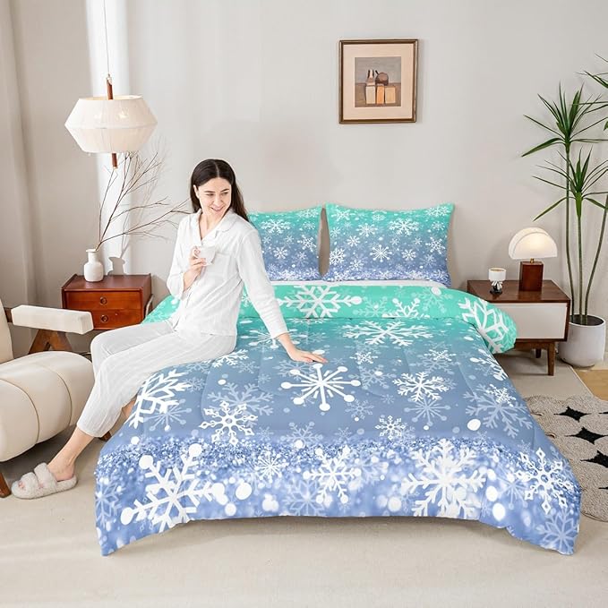 Feelyou Winter Snowflake Kids Comforter Set Full Size Christmas Bedding Set Winter Holiday Duvet Quilt for Kids Boys Girls Bedroom New Year Decor Microfiber Ultra Soft Breathable