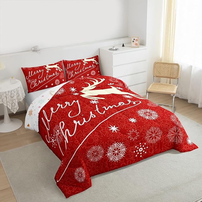 Merry Christmas Kids Comforter Set Queen Size,Deer Animal Silhouette Bedding,Girls Boys Adults Bedroom/Xmas Cabin Decor,Snowflake Dot Graffiti Down Comforter,Red Romantic Duvet Insert,2 Pillowcases