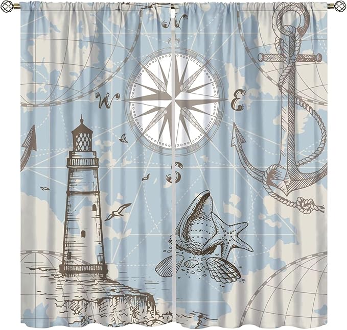Nautical Theme Window Curtains,Pirate Sailboat Curtains for Bedroom,Conch Starfish Print Draperies for Living Room,Ocean Window Treatment Curtains Set 2 Panels,84x84 Inches