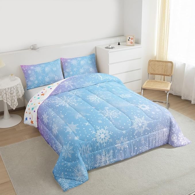 Feelyou Christmas Comforter Set All Season Winter Snowflake Bedding Set with 2 Pillow Cases Blue Purple Gradient Microfiber Kids Queen Bedclothes Bedroom Decor Duvet Quilt Breathable Soft Lightweight