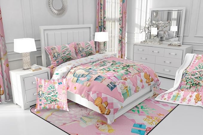 jejeloiu Christmas Nutcracker Comforter Set Twin Size Gingerbread Man Bedding Set for Kids Boys Girls Xmas Tree Duvet Quilt Pink Bedroom Decor