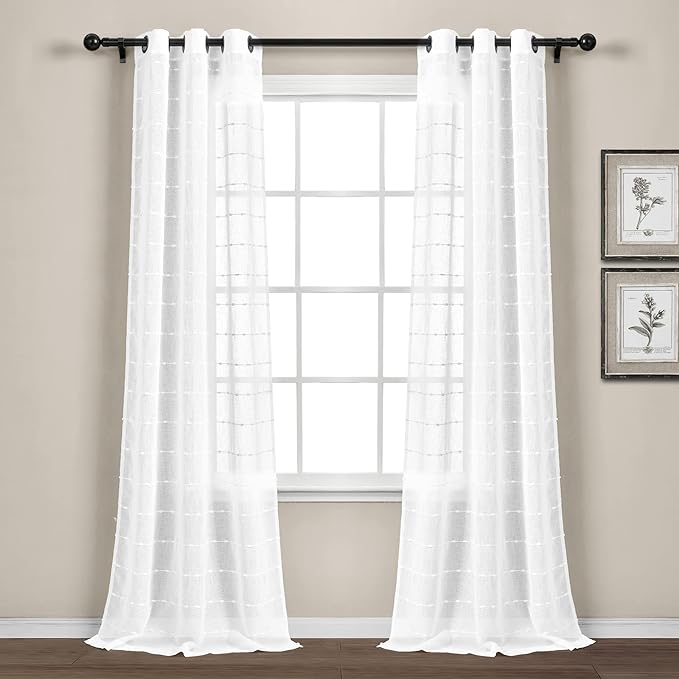 Lush Decor Farmhouse Textured Grommet Sheer Window Curtain Panel Pair, 38"W x 84"L, Bleach White