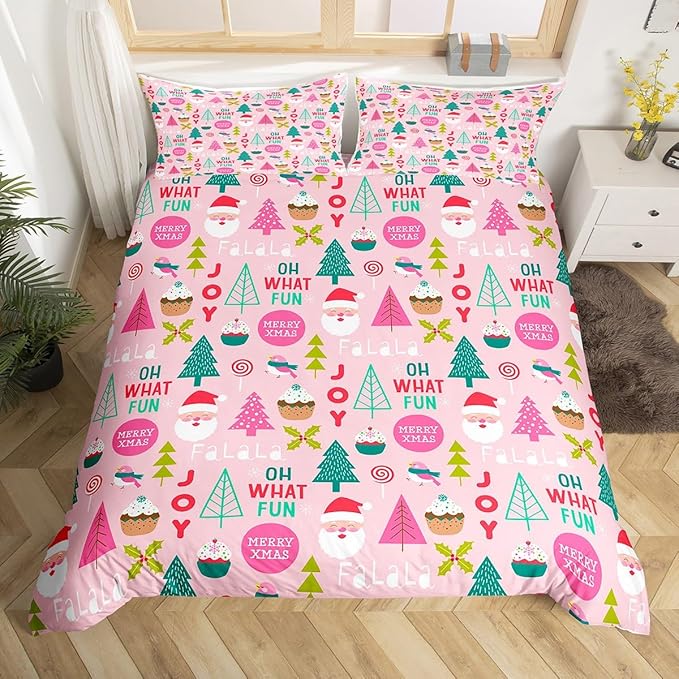 Feelyou Christmas Kids Bedding Set Cartoon Santa Claus Duvet Cover for Boys Children Teens Bedroom Decor Christmas Tree Comforter Cover Set Xmas Theme Bedspread Cover King Size with 2 Pillow Case