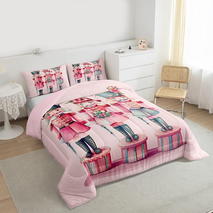 Feelyou Christmas Decorations Nutcrackers Kids Comforter Set Twin Size Pink Christmas Bedding Set Funny Nutcracker Duvet Quilt for Kids Boys Girls Bedroom Berries Printed Decor Kawaii Soft Breathable