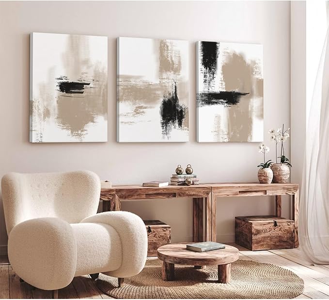 Beige Abstract Wall Art Painting Set of 3 Neutral Canvas Wall Art Prints Black Beige Modern Wall Decor Minimalist Art Pictures Abstract Modern Artwork for Room Bedroom 24x36 Inch Framed