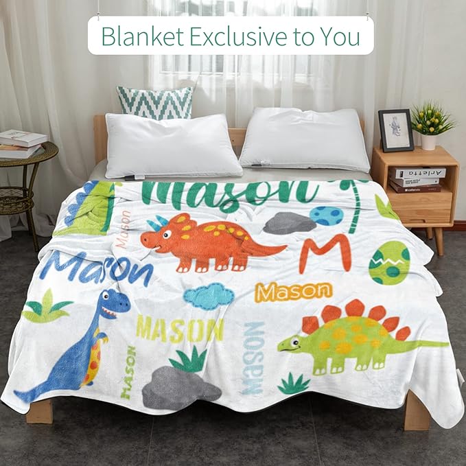 Personalized Dinosaur Blanket with Name for Boys, Custom Name Blanket for Teen Dino, Soft Flannel Dinosaur Blankets Customized Gift for Birthday 50"x60"