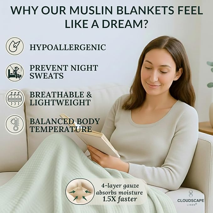 Cloud Scape Linen Extra Large 4 Layer Muslin Throw Blanket - 100% Cotton Gauze, Lightweight & Breathable All Season, Pre-Washed, for Couch & Bed, 50x70, Seafoam Green
