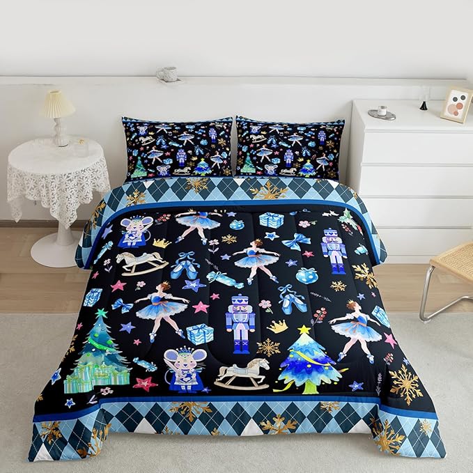 Feelyou Merry Christmas Kids Comforter Set Full Size Ballet Nutcracker Bedding Set Snowflake Duvet Quilt for Kids Boys Girls Bedroom Decor Microfiber Ultra Soft Breathable