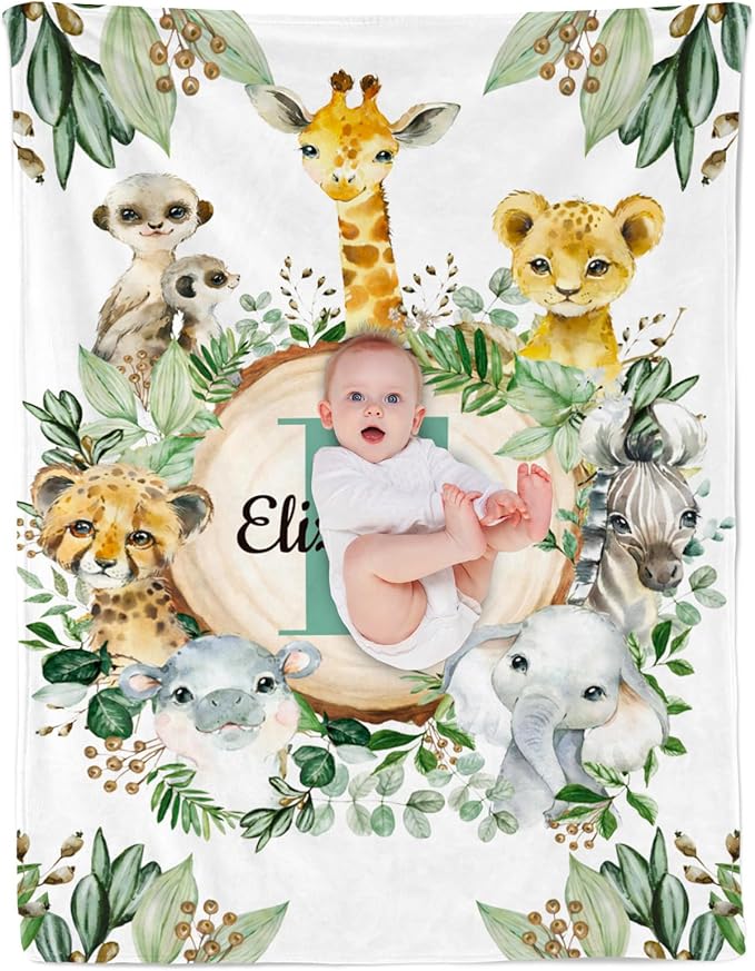 Custom Safari Animals Blanket Gift, Personalized Baby Blanket with Name, Soft Plush Flannel/Sherpa Fleece Throw Blankets for Toddler Kid Teen Boys Girls Color13
