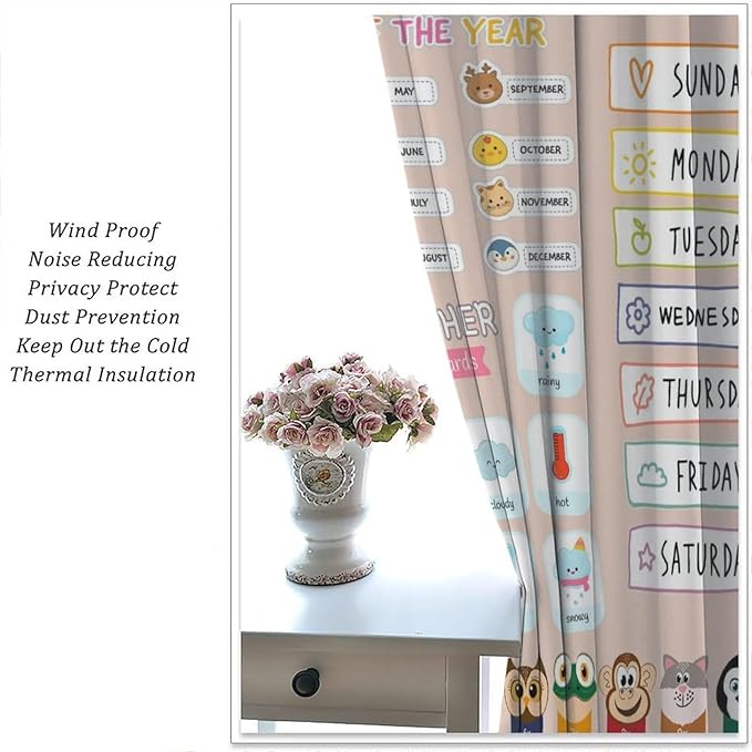 Funny Kids Educational Alphabet Curtain Cartoon Colorful Weather Multiplication Table Printed Rod Pocket Blackout Window Treatments for Bedroom Living Room 42" W X 54" L