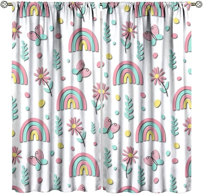 Kids Rainbow Curtains Boho Cartoon Colorful Stars Love Heart Lovely Abstract Art Pattern Print Window Drapes for Girl Bedroom Living Room Kitchen Decor,2 Panel Set,42Wx45H Inch Decor