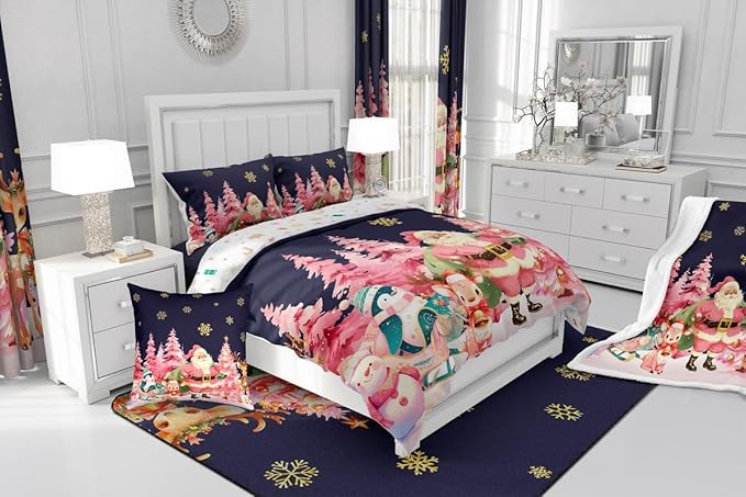 jejeloiu Merry Christmas Comforter Set King Size Santa Claus Bedding Set for Kids Boys Girls Cute Deer Duvet Quilt Dark Blue Bedroom Decor